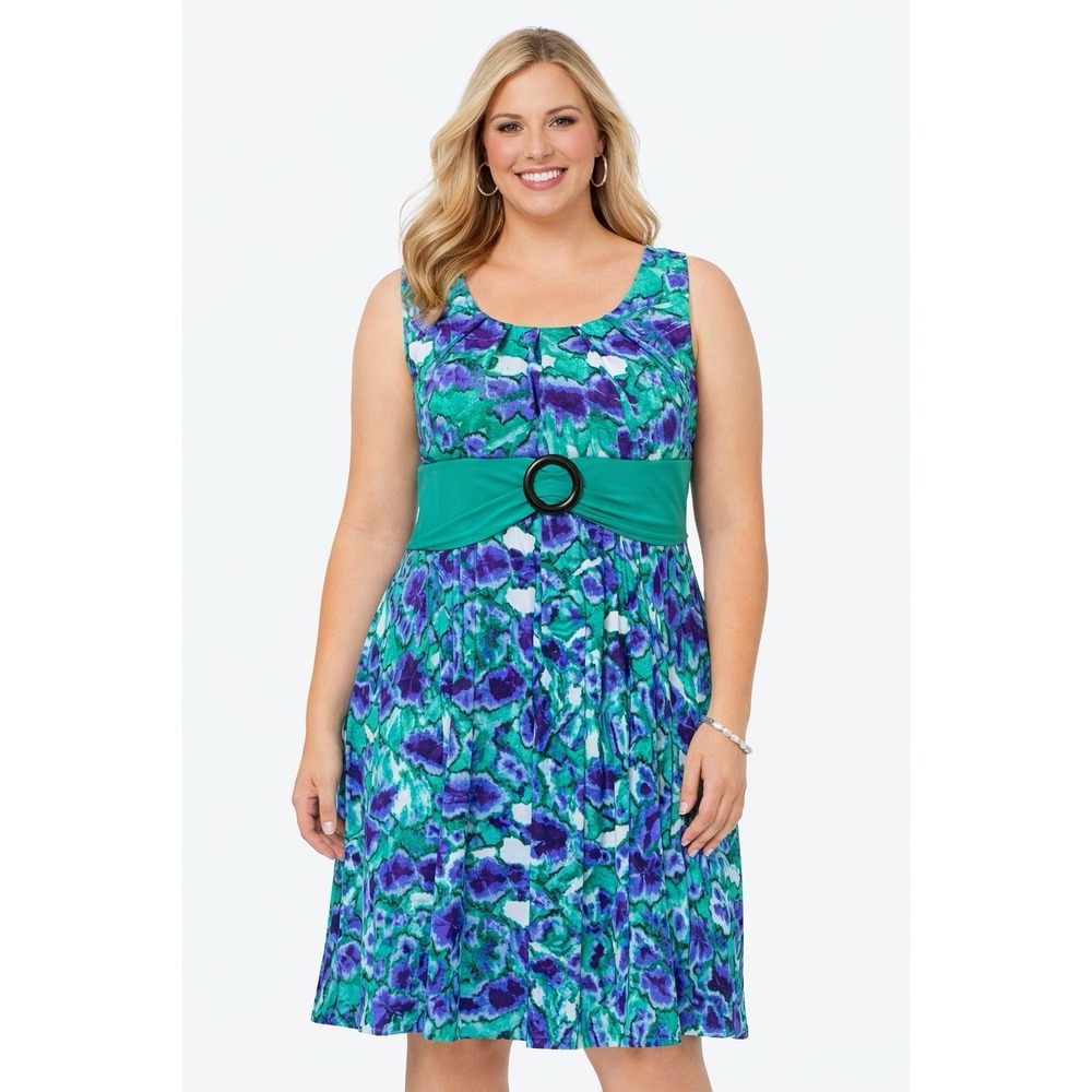 Perceptions NY Women Dress L Green Blue Floral Empire Waist Stretch Sleeveless